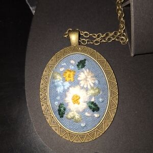 Charming Handmade Crewel Floral Necklace